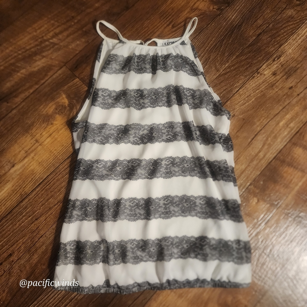 EXPRESS HALTER TOP HIGH NECK WHITE BLACK LACE PRINT CHIFFON LINED XS